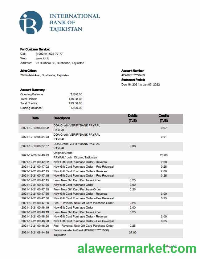 Tajikistan ITB bank statement